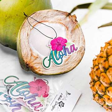 Aloha Designs 3 Pack Aloha Hawaii Hibiscus Long Lasting Coconut Air Freshener With Colorful Letters | Decorative Hawaiian Tropical Scented Hanging Air Freshener With Island Vibe For Car, Closest, Home, Garage & Office