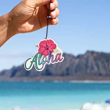 Aloha Designs 3 Pack Aloha Hawaii Hibiscus Long Lasting Coconut Air Freshener With Colorful Letters | Decorative Hawaiian Tropical Scented Hanging Air Freshener With Island Vibe For Car, Closest, Home, Garage & Office