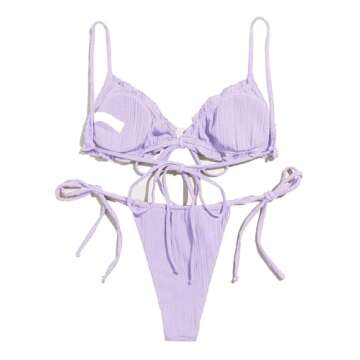 Lilosy Sexy Ribbed Ruffle G String Tie Triangle Thong Bikini Swimsuit Set Women High Cut Cheeky Braz...