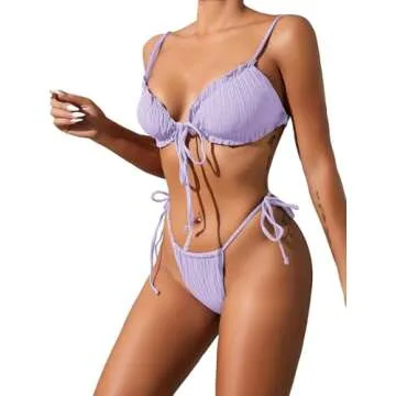 Lilosy Sexy Ribbed Ruffle G String Tie Triangle Thong Bikini Swimsuit Set Women High Cut Cheeky Brazilian Bottom Bathing Suit 2 Two Piece Purple Large