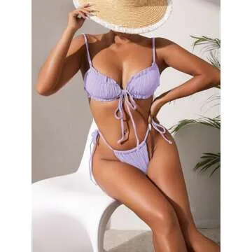 Lilosy Sexy Ribbed Ruffle G String Tie Triangle Thong Bikini Swimsuit Set Women High Cut Cheeky Brazilian Bottom Bathing Suit 2 Two Piece Purple Large