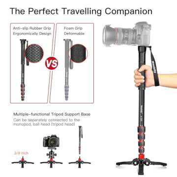 Manbily Extendable Camera Aluminum Monopod with Feet,Portable Travel Monopod with Removable Tripod S...