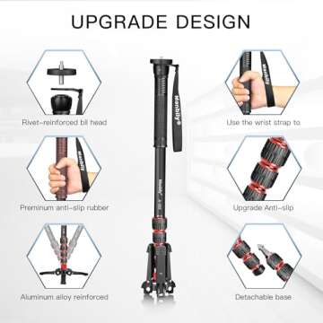 Manbily Extendable Camera Aluminum Monopod with Feet,Portable Travel Monopod with Removable Tripod Stand Base for DSLR Canon Nikon Sony Video Camcorder,5 Sections up to 67-in,Max Load 15.5 Lbs（A-222）