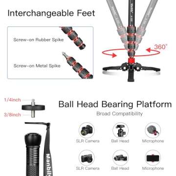 Manbily Extendable Camera Aluminum Monopod with Feet,Portable Travel Monopod with Removable Tripod Stand Base for DSLR Canon Nikon Sony Video Camcorder,5 Sections up to 67-in,Max Load 15.5 Lbs（A-222）