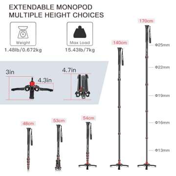 Manbily Extendable Camera Aluminum Monopod with Feet,Portable Travel Monopod with Removable Tripod Stand Base for DSLR Canon Nikon Sony Video Camcorder,5 Sections up to 67-in,Max Load 15.5 Lbs（A-222）