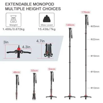 Manbily Extendable Camera Aluminum Monopod with Feet,Portable Travel Monopod with Removable Tripod Stand Base for DSLR Canon Nikon Sony Video Camcorder,5 Sections up to 67-in,Max Load 15.5 Lbs（A-222）