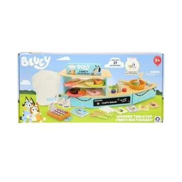 Bluey – Tabletop Restaurant – 32 Piece Wooden Roleplay Toy with Cutlery & Pretend Food Accessori...
