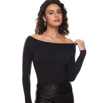 INLYRIC Women's Natrelax Long Sleeve Bodysuit Boat Neck Stretchy Basic Tops Black Medium