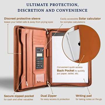 Cossini Premium Business Portfolio with Zipper – Padfolio - Superior Business Impressions Begin with PU Vegan Leather, 10.1 Inch Tablet Sleeve, Smart Storage, Solar Calculator, Writing Pad - Tan