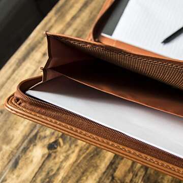 Cossini Premium Business Portfolio with Zipper – Padfolio - Superior Business Impressions Begin with PU Vegan Leather, 10.1 Inch Tablet Sleeve, Smart Storage, Solar Calculator, Writing Pad - Tan
