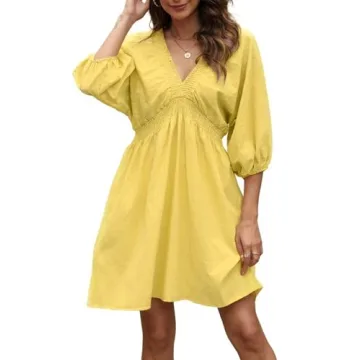 Ladyful Women's Cotton Linen Mini Dress - V Neck A-Line Beach Sundress