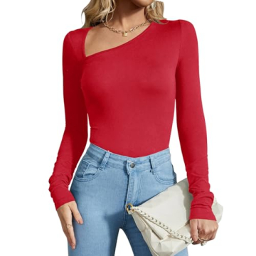 REORIA Women's Casual Classy Asymmetrical Neck Bodysuit - Soft Ribbed Long Sleeve Top