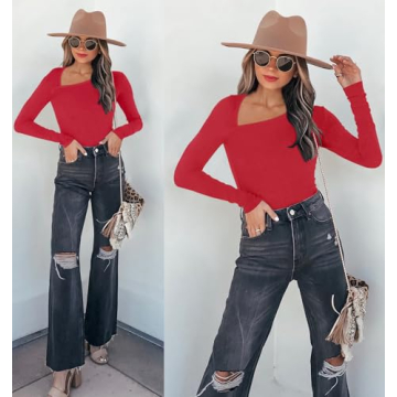 REORIA Women's Stylish Asymmetrical Neck Bodysuit