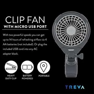 Treva 5 Inch Two Speed Battery & USB Powered Clip On Fan - Slim and Portable Cooling Travel Fan with...