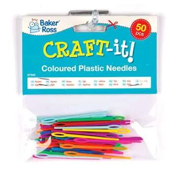 Baker Ross EF892 Colored Plastic Needles - Pack of 50, Kids Sewing Kit and Embroidery Kits for Beginners. Great for Kids Art Activities and Projects
