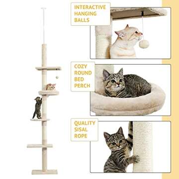 PETEPELA Cat Tower 5-Tier Floor to Ceiling Cat Tree Height Adjustable(95-107 Inches),Tall Cat Climbing Tree Featuring with Scratching Post, Cozy Bed,Interactive Toy Ball for Cats/Kitten (Beige)