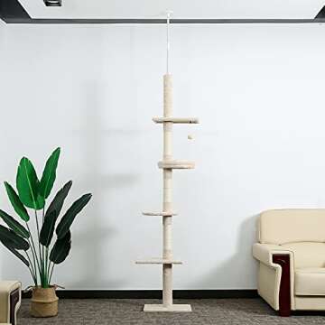 PETEPELA Cat Tower 5-Tier Floor to Ceiling Cat Tree Height Adjustable(95-107 Inches),Tall Cat Climbing Tree Featuring with Scratching Post, Cozy Bed,Interactive Toy Ball for Cats/Kitten (Beige)