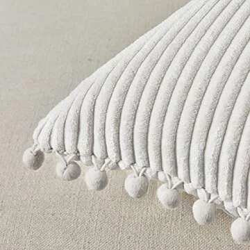 Fancy Homi 2-Pack Cream Corduroy Pom Pom Throw Pillow Covers, 18x18 Inch