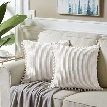 Fancy Homi 2-Pack Cream Corduroy Pom Pom Throw Pillow Covers, 18x18 Inch