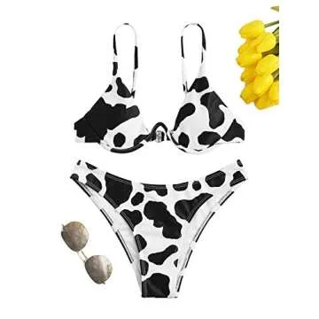 SweatyRocks Women's Sexy Bathing Suits Spaghetti Strap Floral Bikini Set Underwire Swimsuit Cow Small
