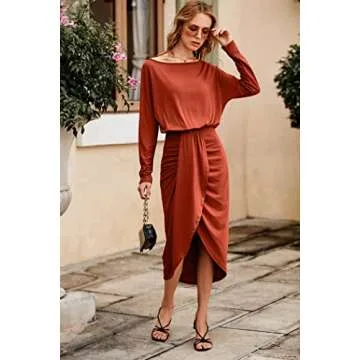 PRETTYGARDEN Women's Ruched Midi Dress Off Shoulder Long Sleeve Asymmetrical Draped Wrap Bodycon Cocktail Dresses (Brick Red,X-Large)