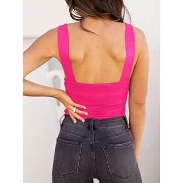 REORIA Womens Sexy Club Square Neck Sleeveless Tank Tops Bodysuits Stretchy Leotard Clubwear Neon Rose Red Small