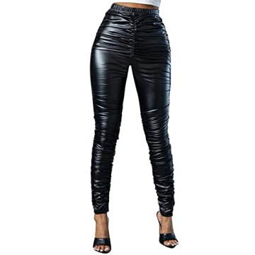 Stylish Hibshaby Black Leather Ruched Pants for Women