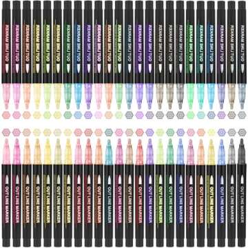 OLINGYOU Double Line Outline Pens,48 Colors Self-outline Shimmer Markers Set,Double Line Pen for Dra...