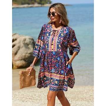 Chigant Women's Summer Boho Dress with Pockets Casual Loose Vintage Floral Swing 3/4 Sleeve V Neck T...