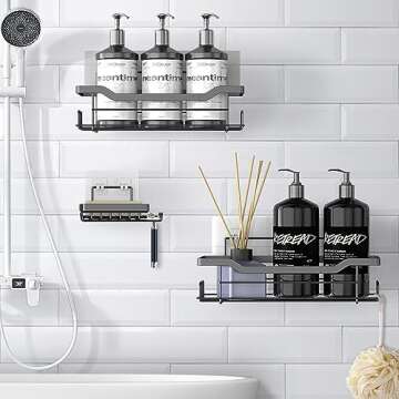BATHDESIGN Shower Caddy Shelves Organizer Rack, 3 Pack Shower Caddy with Soap Holder, Shower Shelves for Inside Shower, No Drilling Wall Mounted Self Adhesive Shower Shelves, Matte Black