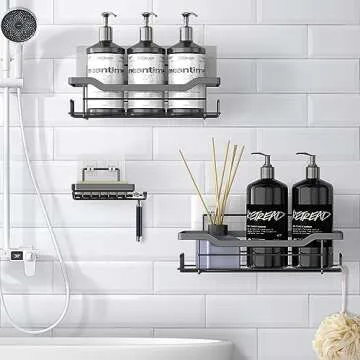 BATHDESIGN Shower Caddy Shelves Organizer Rack, 3 Pack Shower Caddy with Soap Holder, Shower Shelves for Inside Shower, No Drilling Wall Mounted Self Adhesive Shower Shelves, Matte Black