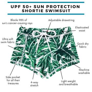 SwimZip Shorties - UPF 50+ Swim Shorts - Baby, Toddler, and Kids - Boys or Girls Palm Leaf