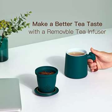 ZENS Tea Cup with Infuser and Lid, 12oz Green Tea Mug for Loose Leaf Tea Steeper, Wood Handle Tea Cu...