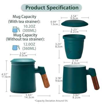 ZENS Tea Cup with Infuser and Lid, 12oz Green Tea Mug for Loose Leaf Tea Steeper, Wood Handle Tea Cup with Fine Tea Strainers Hot Tea Diffusers, Ceramic Tea Mugs Accessories for Tea Lovers Gifts