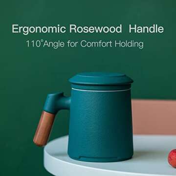 ZENS Tea Cup with Infuser and Lid, 12oz Green Tea Mug for Loose Leaf Tea Steeper, Wood Handle Tea Cup with Fine Tea Strainers Hot Tea Diffusers, Ceramic Tea Mugs Accessories for Tea Lovers Gifts