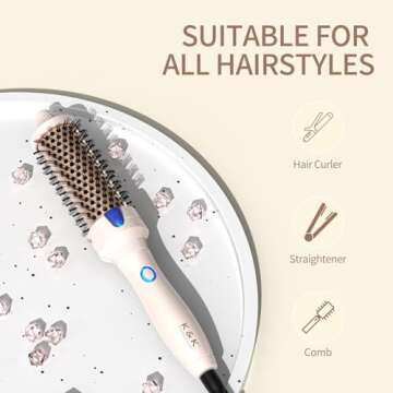 K&K 1 1/2 Inch Ceramic Tourmaline Ionic Heated Round Brush Curling Brush Creates Blowout Look -Creates Root Volume & Loose Curls Volume Curls Dual Voltage Hair Styling Tool (Pale Pink, 1.5 Inch)