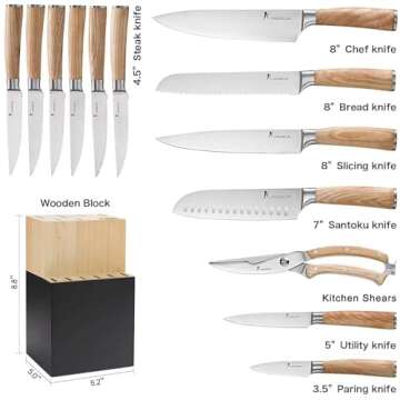 Kangdelun Natura Series 14 PCS Knife Block Set, Ultra Sharp High Carbon Stainless Steel with Wooden ...