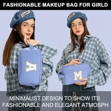 YOOLIFE Initial Cosmetic Bag for Women - Monogram Cute Initial Blue Makeup Bags Toiletry Pouch Make Up Case for Women Her Best Friend Friendship Sister Teacher, Personalized Birthday Gifts for Women E
