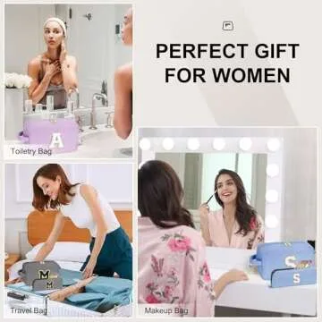 YOOLIFE Initial Cosmetic Bag for Women - Monogram Cute Initial Blue Makeup Bags Toiletry Pouch Make Up Case for Women Her Best Friend Friendship Sister Teacher, Personalized Birthday Gifts for Women E