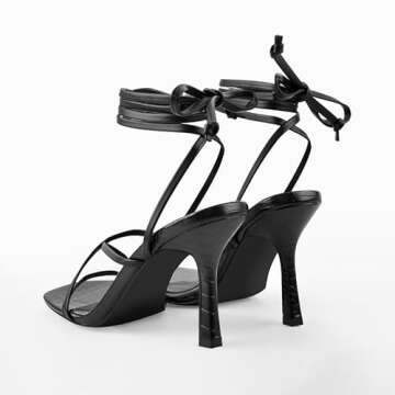 LISHAN Women's Square Toe Stiletto High Heels Strappy Lace Up Sandals Ankle Strap Gladiator Slingback Backless Open Toe Party Prom Dressy Shoes Black Size 8