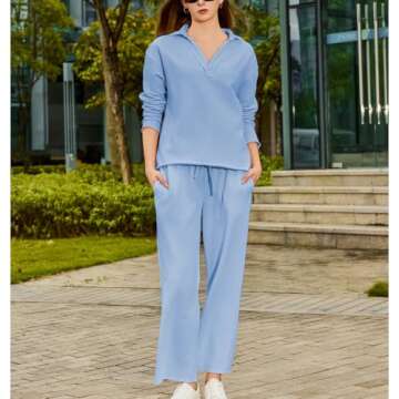 Ainangua Women's 2 Piece Casual Set V Neck Tops & Pants