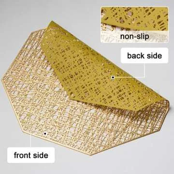 FunWheat Round Metallic Vinyl Gold Placemats 15 inch Placemat Set of 6 Hollow Out Place mats Heat-Resistant Shining Table Mat Decorative Gift (Gold)