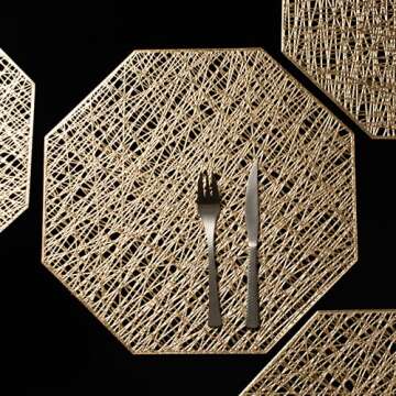FunWheat Round Metallic Vinyl Gold Placemats 15 inch Placemat Set of 6 Hollow Out Place mats Heat-Resistant Shining Table Mat Decorative Gift (Gold)