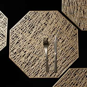 FunWheat Round Metallic Vinyl Gold Placemats 15 inch Placemat Set of 6 Hollow Out Place mats Heat-Resistant Shining Table Mat Decorative Gift (Gold)