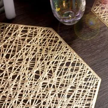 FunWheat Round Metallic Vinyl Gold Placemats 15 inch Placemat Set of 6 Hollow Out Place mats Heat-Resistant Shining Table Mat Decorative Gift (Gold)