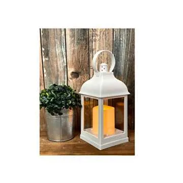 Just in Time for Winter (12 Pc Set) 10" Decorative Lanterns with Flameless LED Lighted Candle, 5 Hr Timer, Antique Look Indoor Outdoor Home, Garden, Weddings - White. Includes Bonus String Lights!