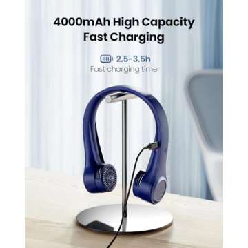 Gaiatop Portable Neck Fan, 4000mAh Rechargeable Hands Free Bladeless Mini Fans, 3 Speeds Air Outlet Can Rotate 70°, Free Adjustment Personal Wearable Cooling Fan Suitable for Travel Office Blue