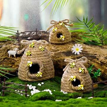 Jutom 3 Pcs Bee Hive Decor Honey Bee Tiered Tray Decor Summer Spring Honeybee Decorations Mini Jute Farmhouse Beehive for Kitchen Table Shelf Home Coffee Bar Themed Party(Vintage Color)