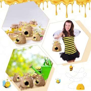 Jutom 3 Pcs Bee Hive Decor Honey Bee Tiered Tray Decor Summer Spring Honeybee Decorations Mini Jute Farmhouse Beehive for Kitchen Table Shelf Home Coffee Bar Themed Party(Vintage Color)