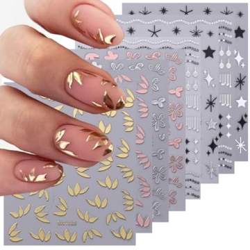 8PCS Metallic Nail Art Stickers Decals 3D Self-Adhesive Simple, Elegant Leaves, Flowers, Rose Gold, ...